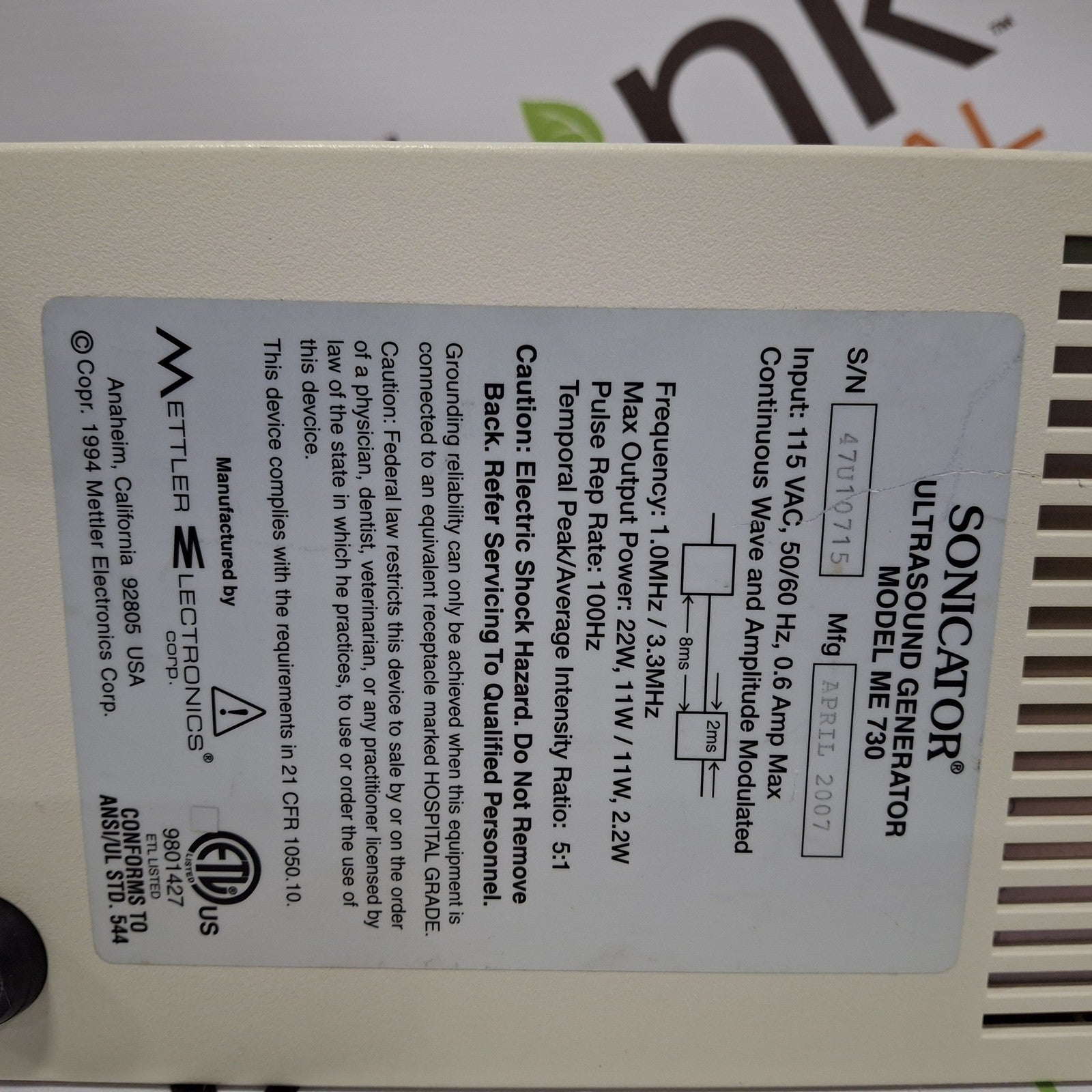 Mettler Electronics Sonicator 730 Ultrasound Therapy Unit