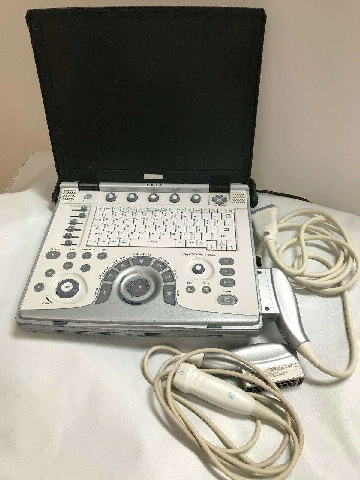 GE Vivid E Color Doppler Ultrasound Scanner, CW Two probes Cardiac, Linear 2013 DIAGNOSTIC ULTRASOUND MACHINES FOR SALE