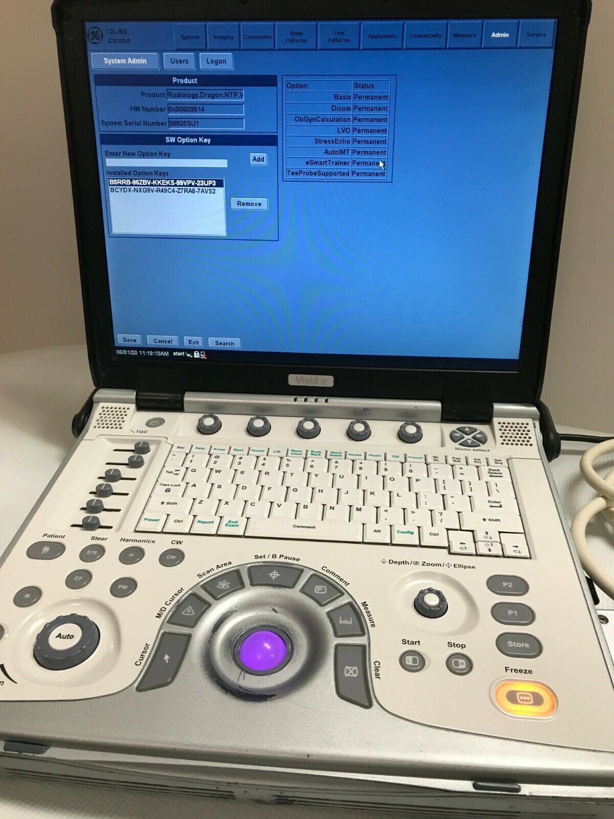 GE Vivid E Color Doppler Ultrasound Scanner, CW Two probes Cardiac, Linear 2013 DIAGNOSTIC ULTRASOUND MACHINES FOR SALE