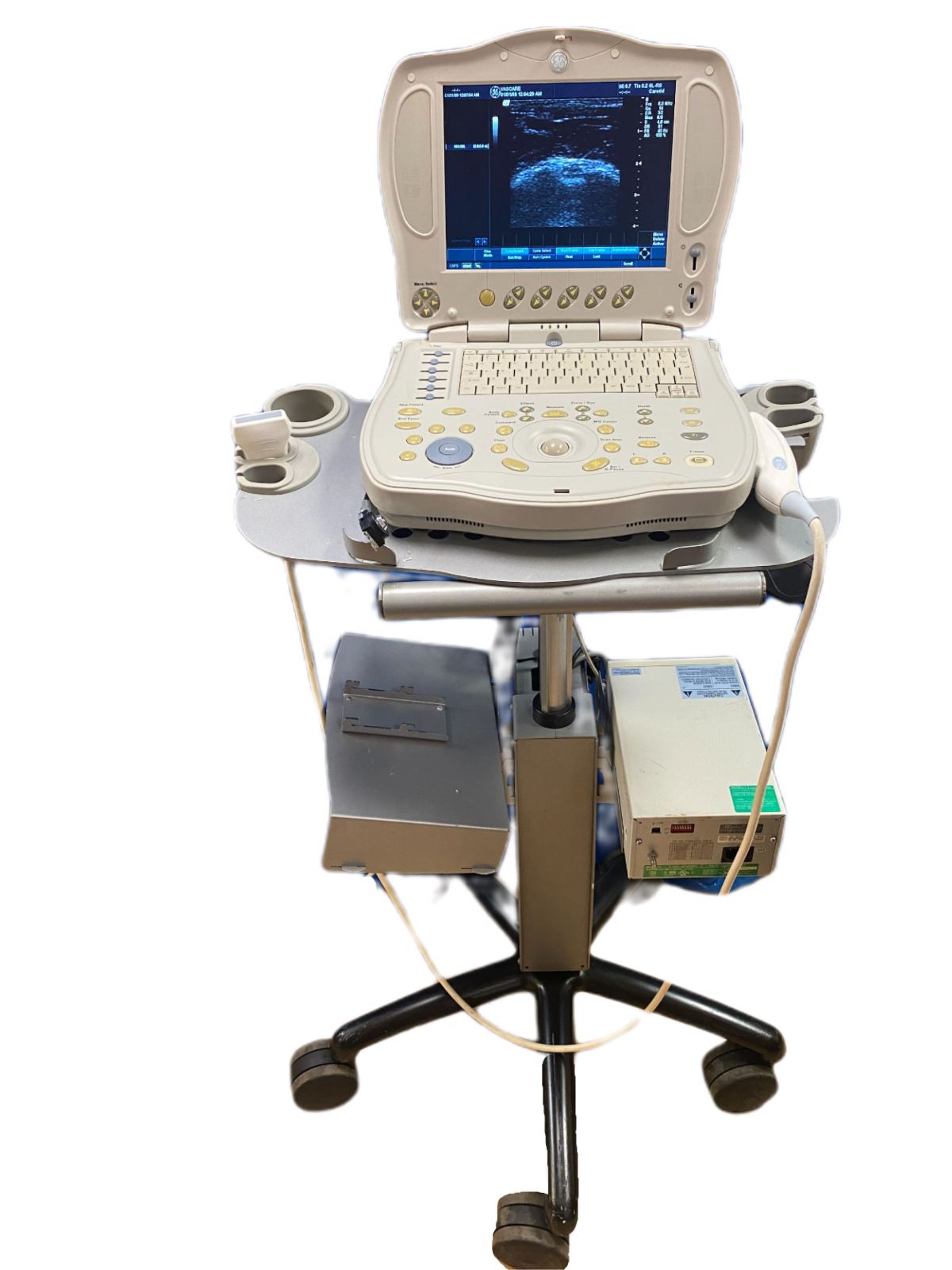 GE LOGIQ BOOK XP PORTABLE ULTRASOUND MACHINE & 8L-RS PROBE 2004 cart/printer DIAGNOSTIC ULTRASOUND MACHINES FOR SALE