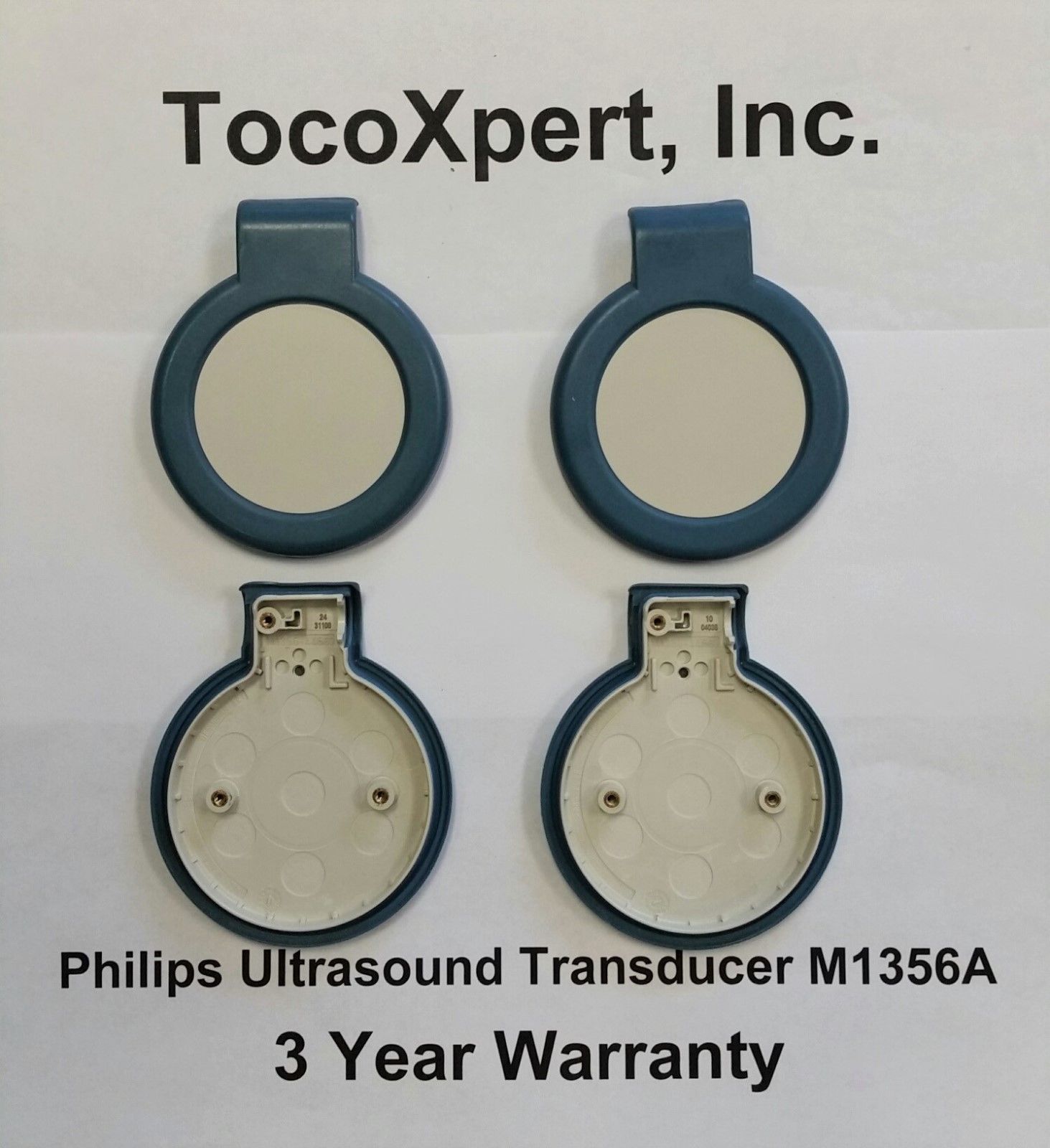 a pair of blue and white round mirrors